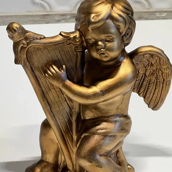 Vintage Cherub Angel Wall Art figurines resin gold with musical instruments - Picture 6 of 10